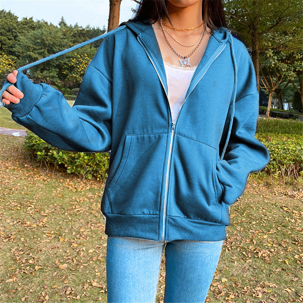 Women's Autumn Solid Color Hooded Fleece-lined Long-sleeved Sweaters