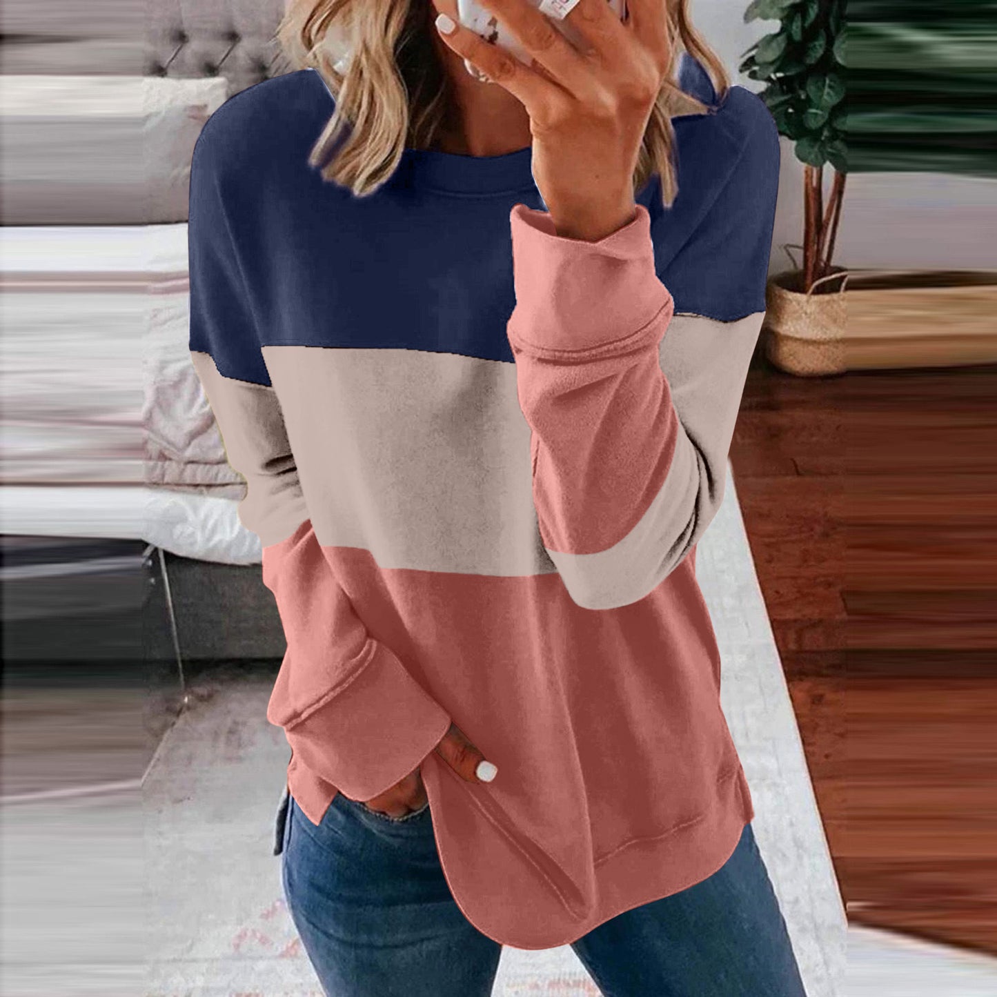 Women's Color Matching Contrast Casual Loose Pullover Blouses