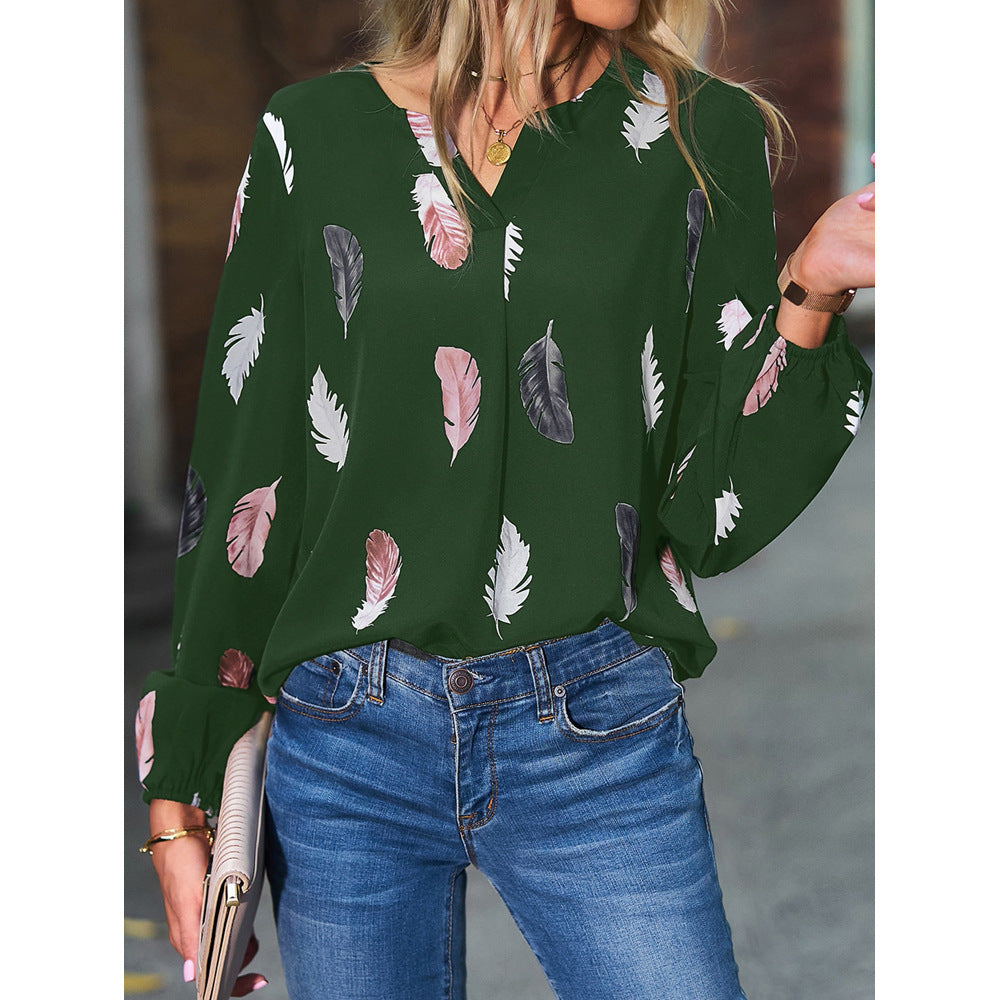 Women's Spring T-shirt Fashion Feather Print Long Blouses