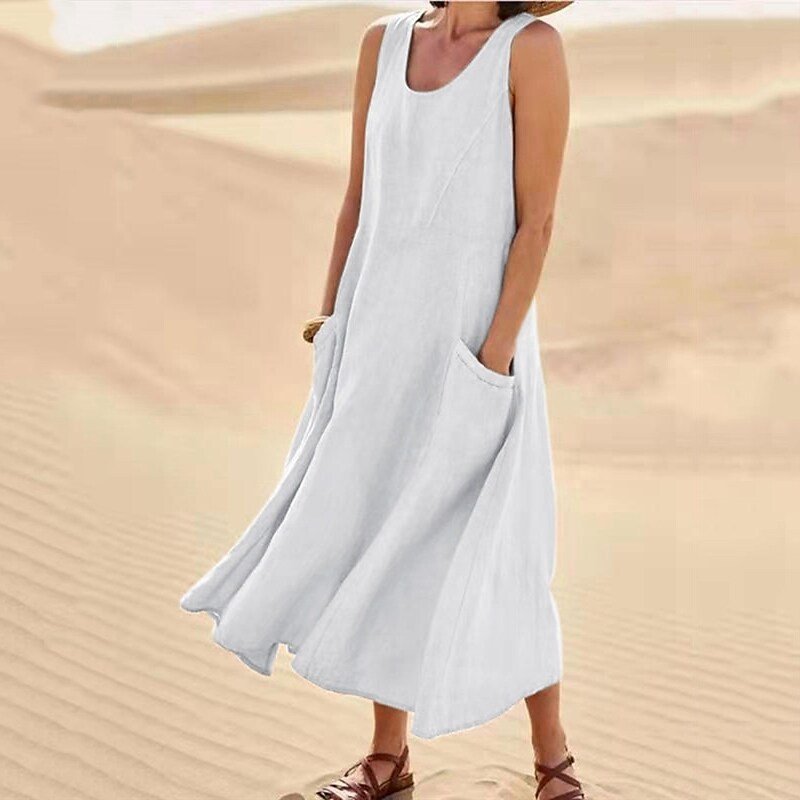 Women's Summer Pocket Sleeveless Round Neck Cotton Dresses