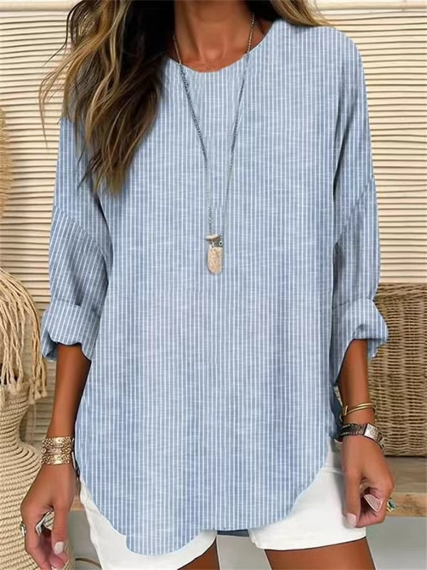 Fashion Printed Striped Crew Neck Long Blouses