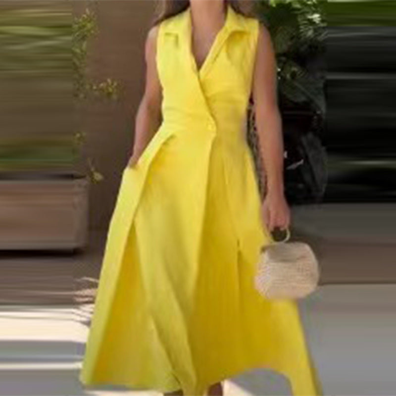 Solid Color Polo Collar Pleated Long Sleeveless Dresses