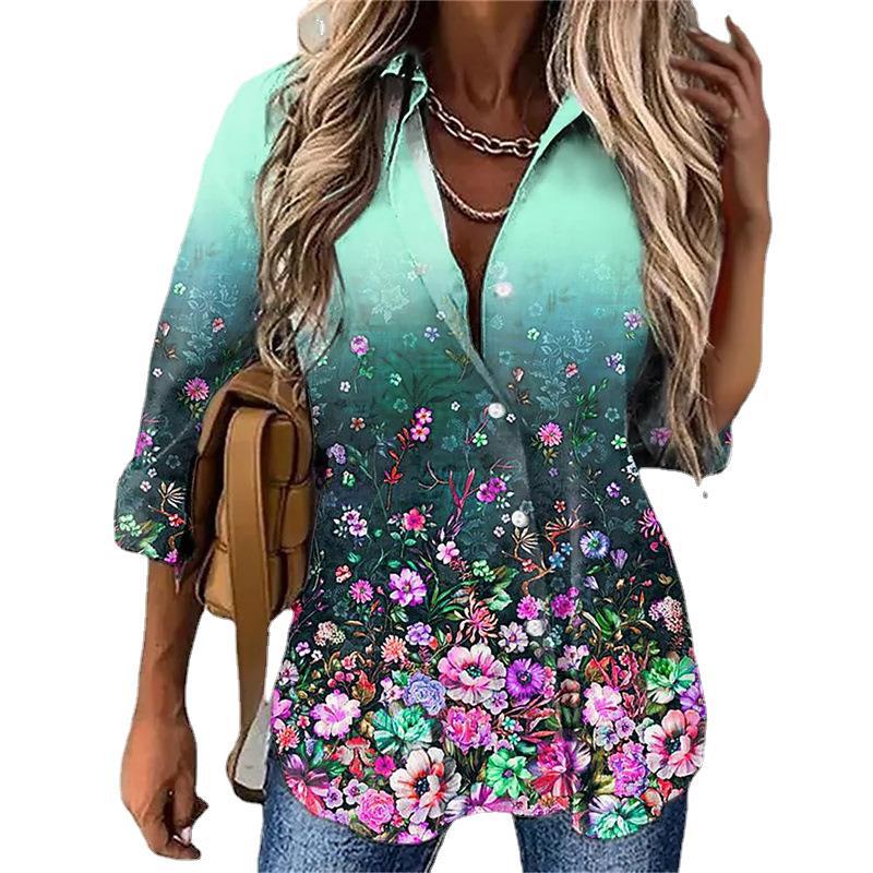 Women's Printed Long-sleeved Single-breasted Lapel Shirt Blouses