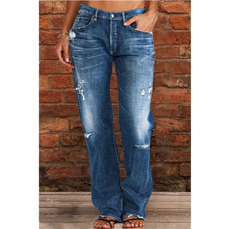 Women's Denim Trousers Fashion Elastic Hole Casual Pants