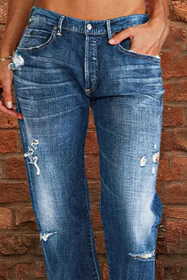 Women's Denim Trousers Fashion Elastic Hole Casual Pants