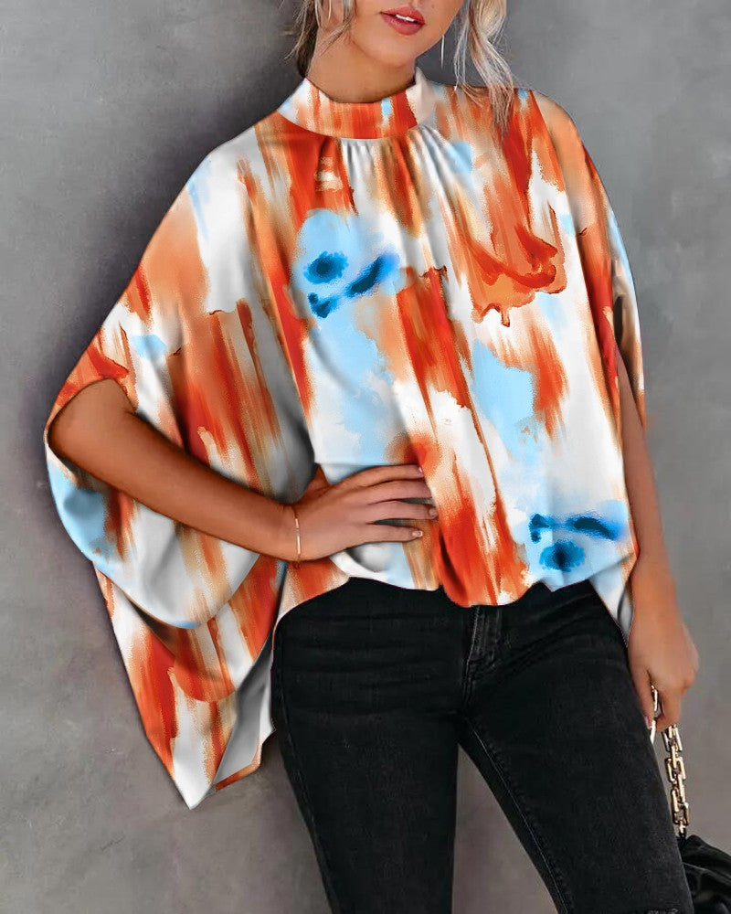 Women's Summer Casual Fashion Printing Split Batwing Blouses