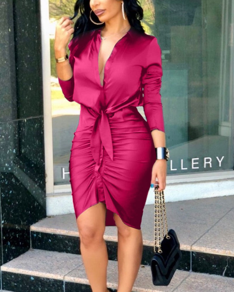 Women's Summer V-neck Lace-up Solid Color Long Sleeve Dresses