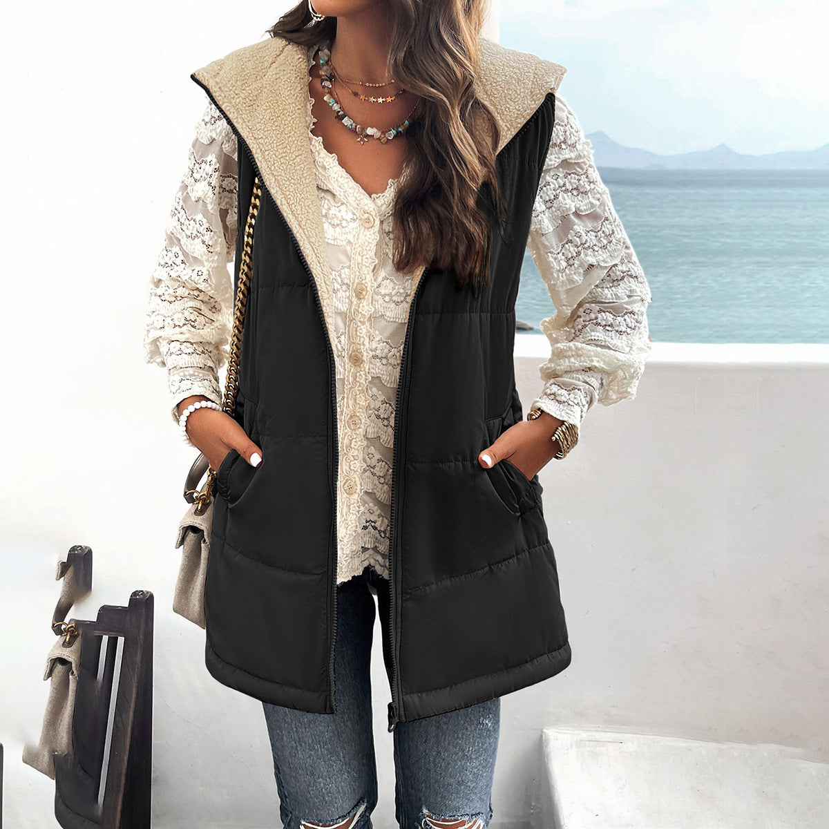 Women's For Winter Loose Commuter Mid-length Hooded Vests