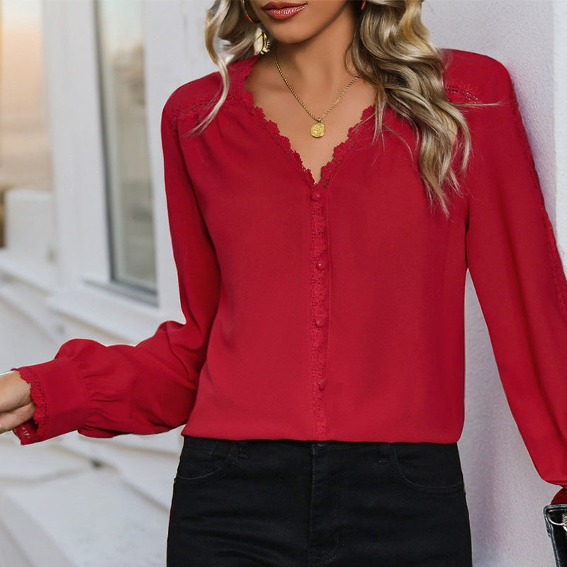 Women's Autumn Casual Long-sleeved Red Shirt For Blouses