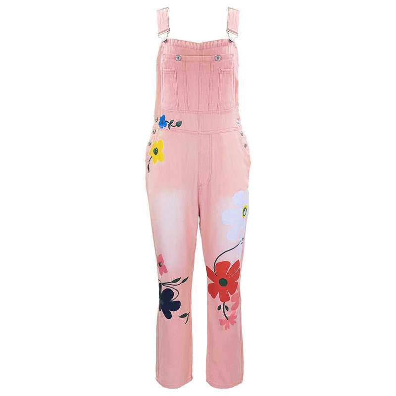 Creative Printed Suspender Large Floral Dungarees Pants