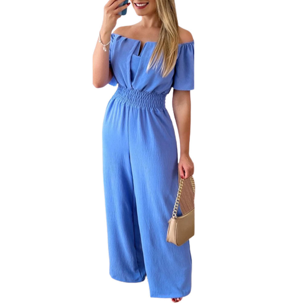 Women's Off-neck Waist Trimming Loose Straight Collar Jumpsuits