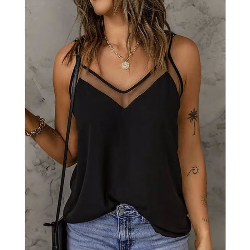 Women's Summer Solid Color Spaghetti Strap Mesh Tops