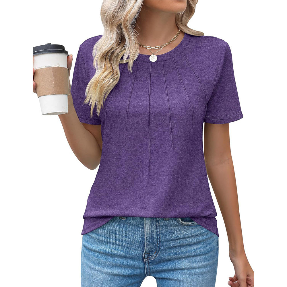 Women's Pleated Round Neck Short-sleeved T-shirt Blouses