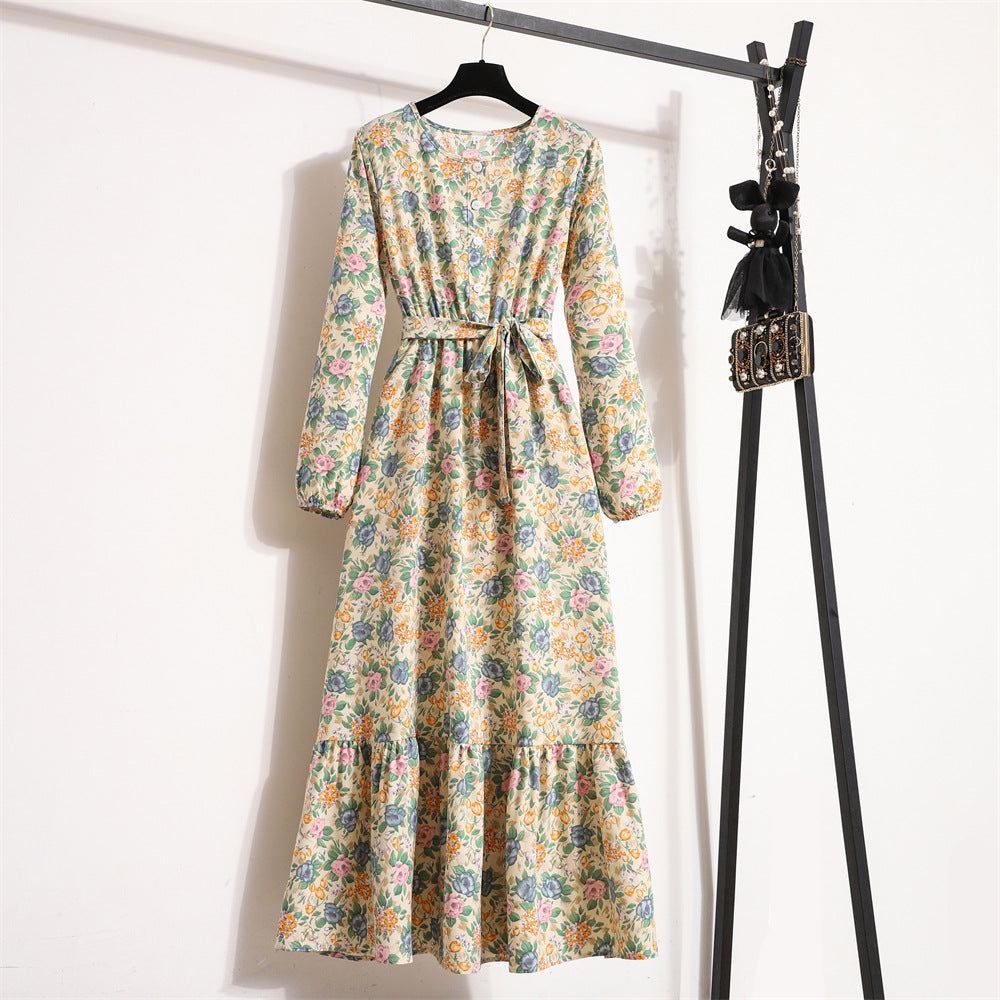 Women's Vintage Floral Long Sleeve Dress Waist Dresses