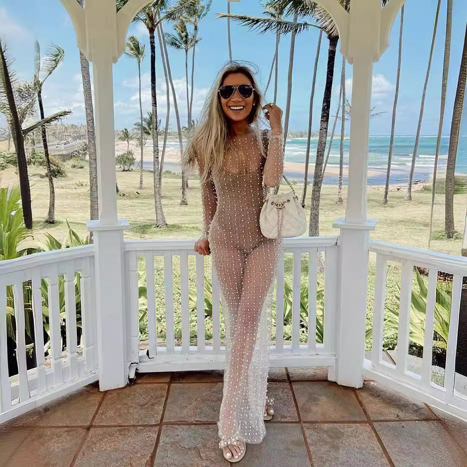 Sexy Beaded Rhinestone Mesh Long Sleeve Dresses