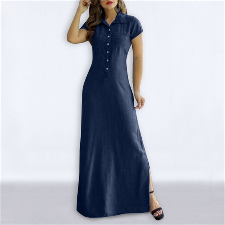 Dress Shirt Collar Slit Pocket Large Swing Dresses