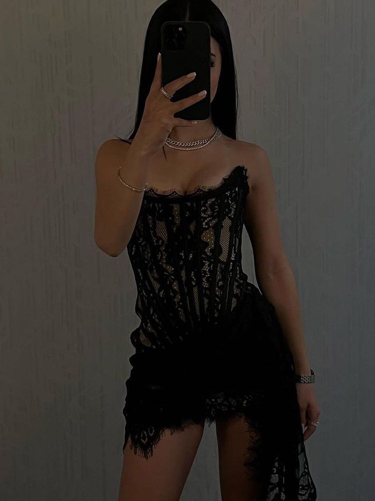 Women's Sexy Lace Stitching Waist Tube Dress Dresses