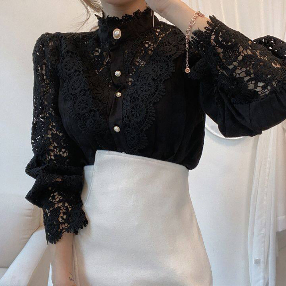 Women's Collar Cotton Solid Color Lace Hollow-out Long-sleeved Blouses