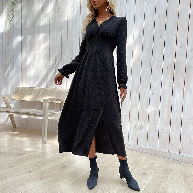 Women's Autumn Long Sleeve Black Dress Split Dresses