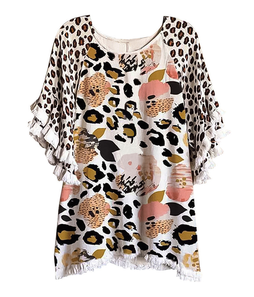 Women's Ruffle Sleeve Round Neck Multicolor Printing Blouses