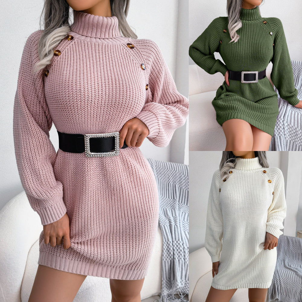 Women's Casual Button Turtleneck Long Sleeve Dress Sweaters