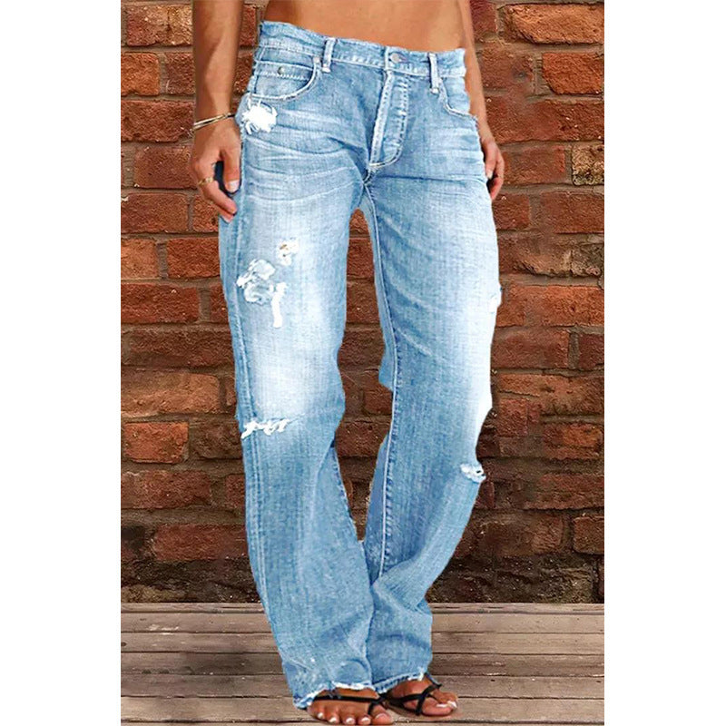 Women's Denim Trousers Trendy Mid Waist Ripped Pants