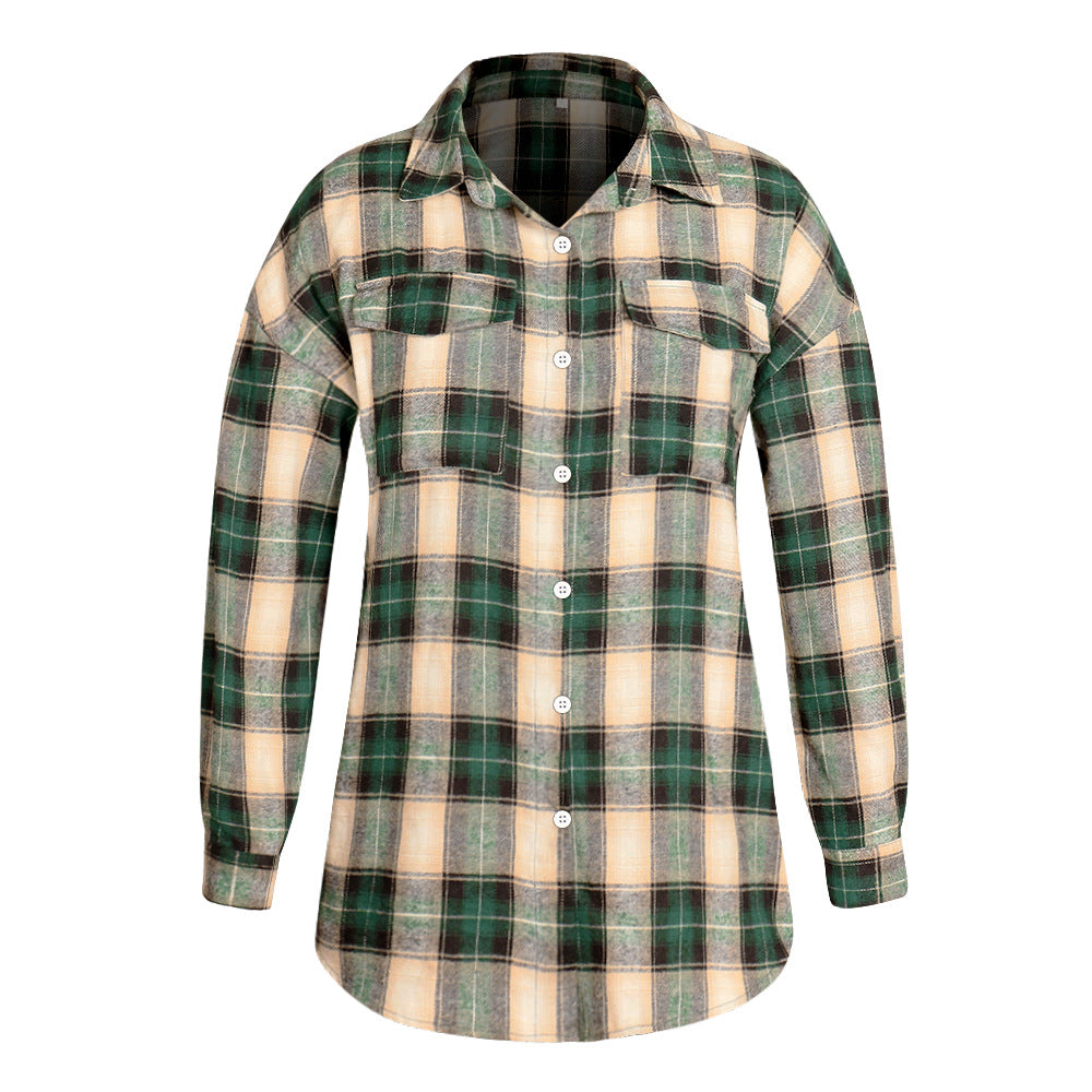 Women's Long-sleeved Plaid Button Shirt With Full Blouses