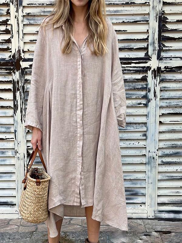 Women's Loose Solid Color Cotton Linen Dress Fashion Casual Dresses