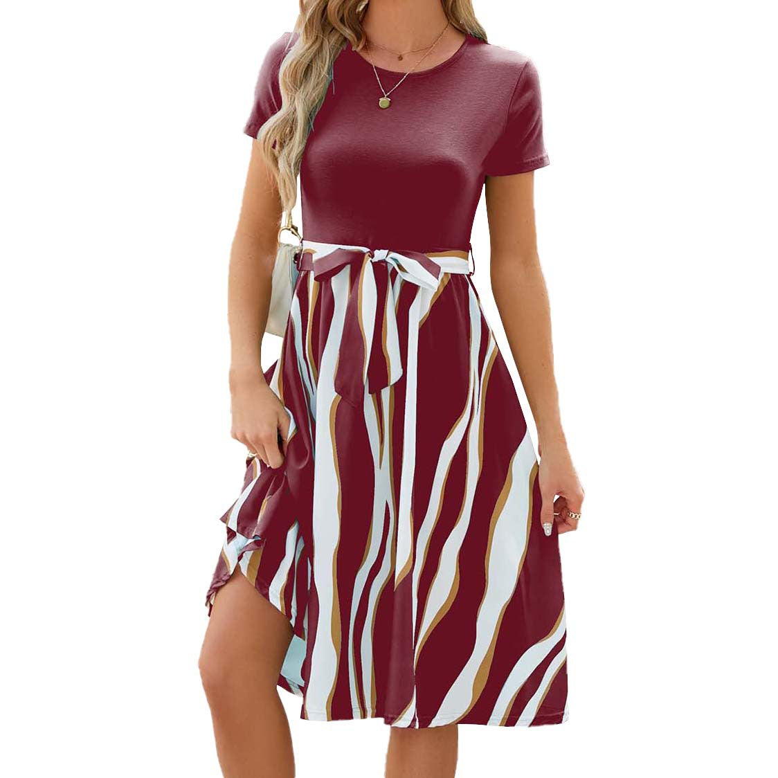 Neck Stitching Printing Sleeve Large Swing Dresses