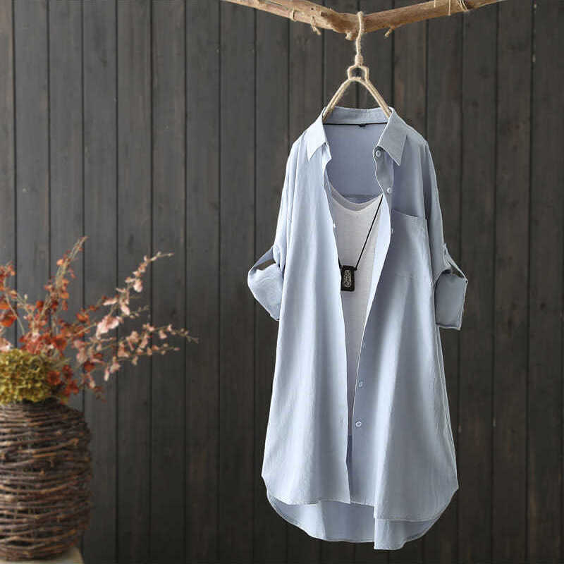 Women's Artistic Style Cotton White Long-sleeved Mid-length Loose Solid Blouses