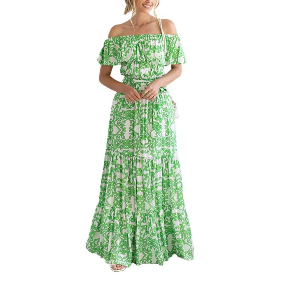 Women's Short-sleeved Printed Dress Ruffled Long Dresses