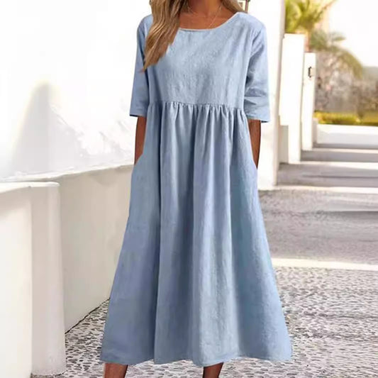 Cotton Linen Casual Sleeve Pocket Pleated Dresses