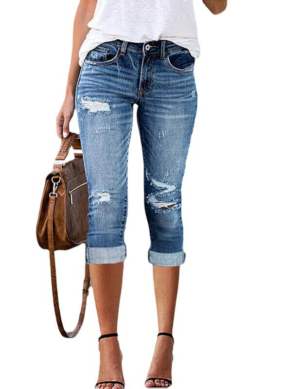 Women's Summer Fashion Holes Stretch Denim Cropped Jeans