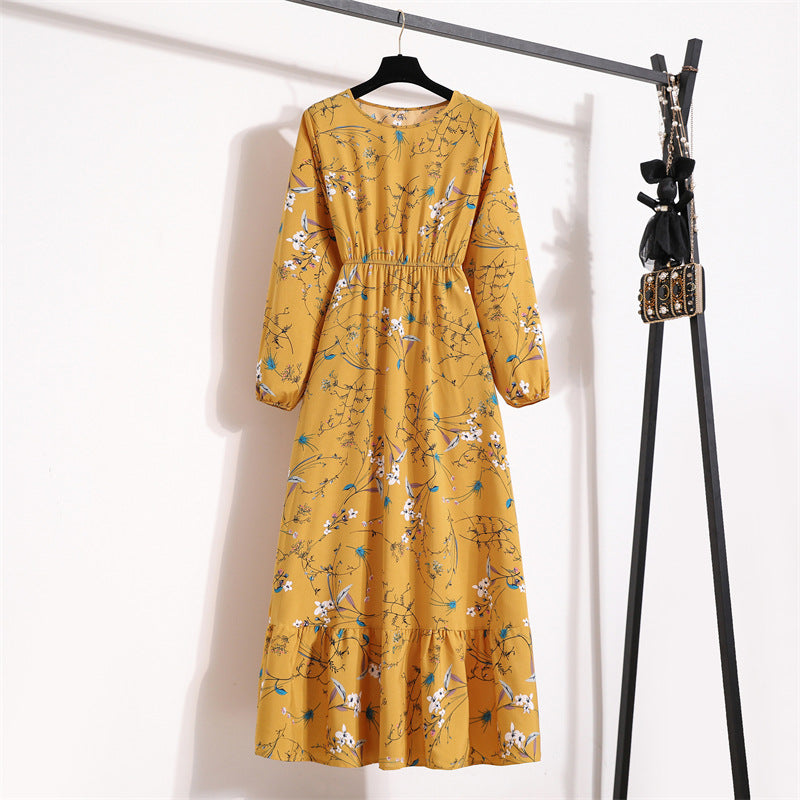 Women's High Waist Long Retro Chiffon Printed Floral Round Neck Dresses