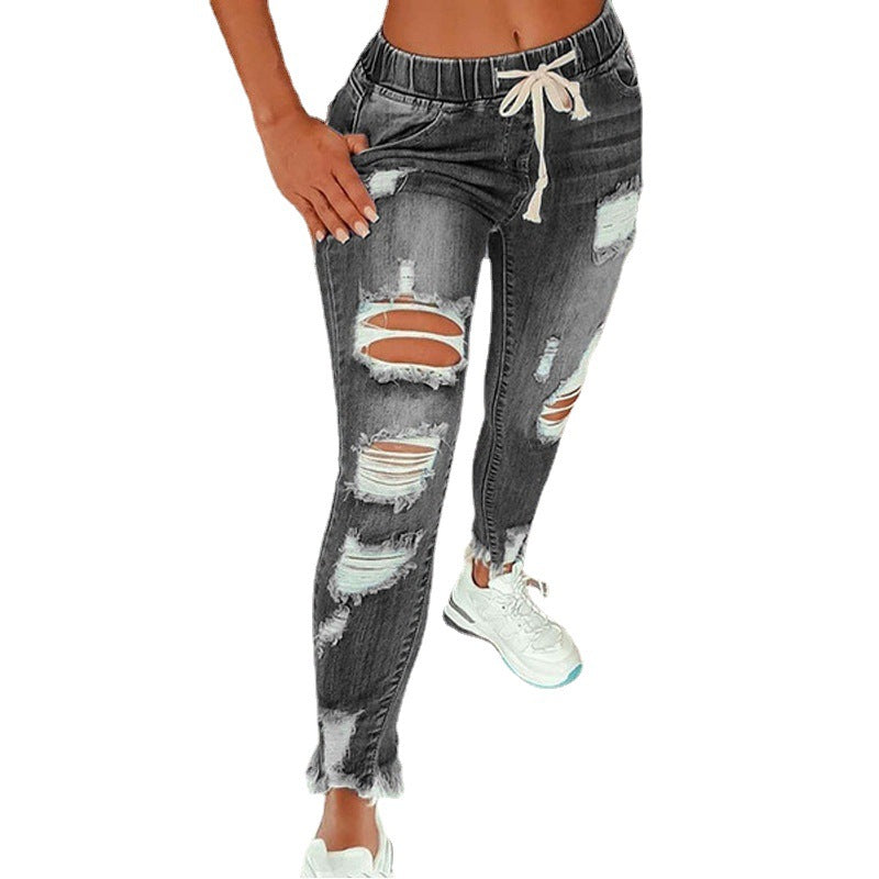 Women's Elastic Band Waist Lace Ripped Trousers Jeans