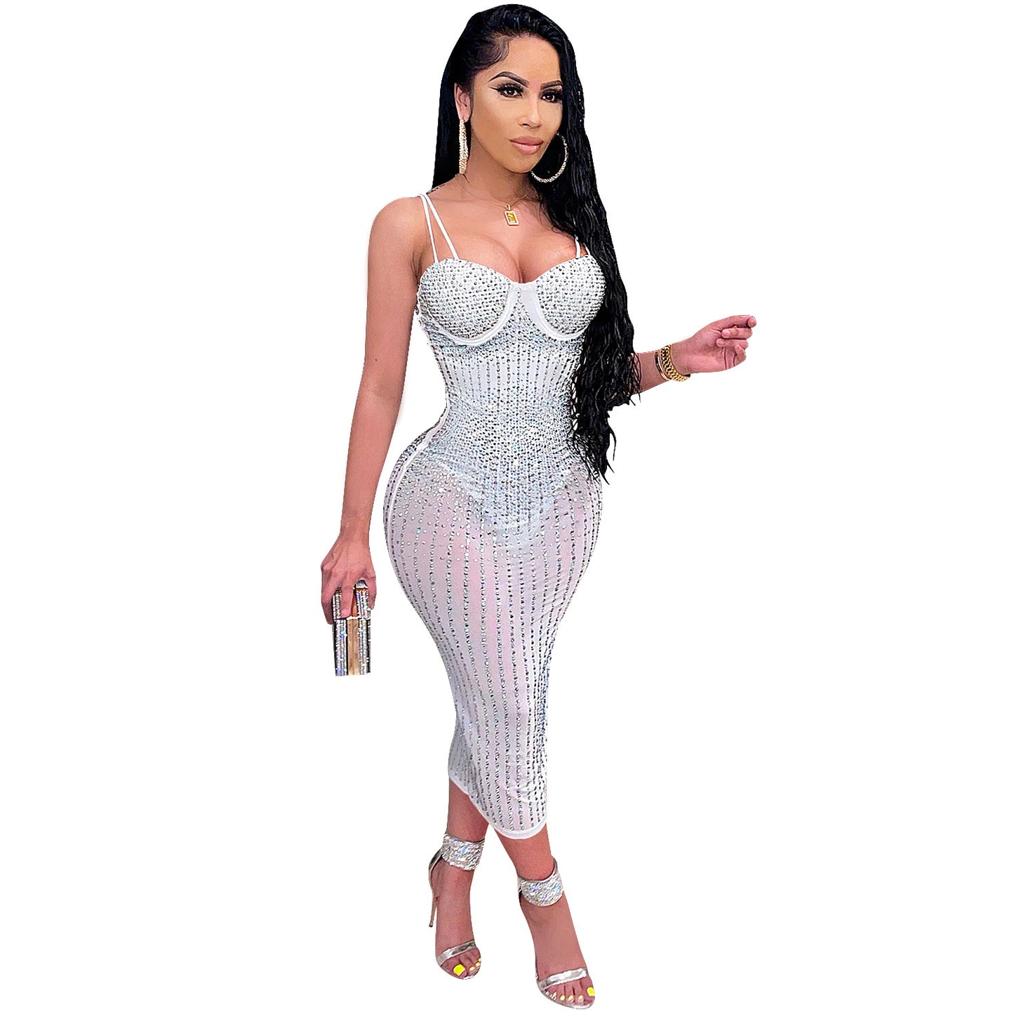 Women's Fashion Wear Nightclub Mesh Rhinestone Strap Dresses