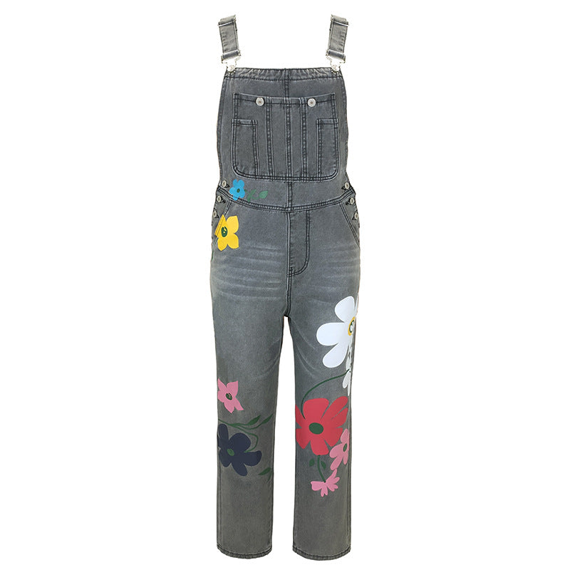 Creative Printed Suspender Large Floral Dungarees Pants