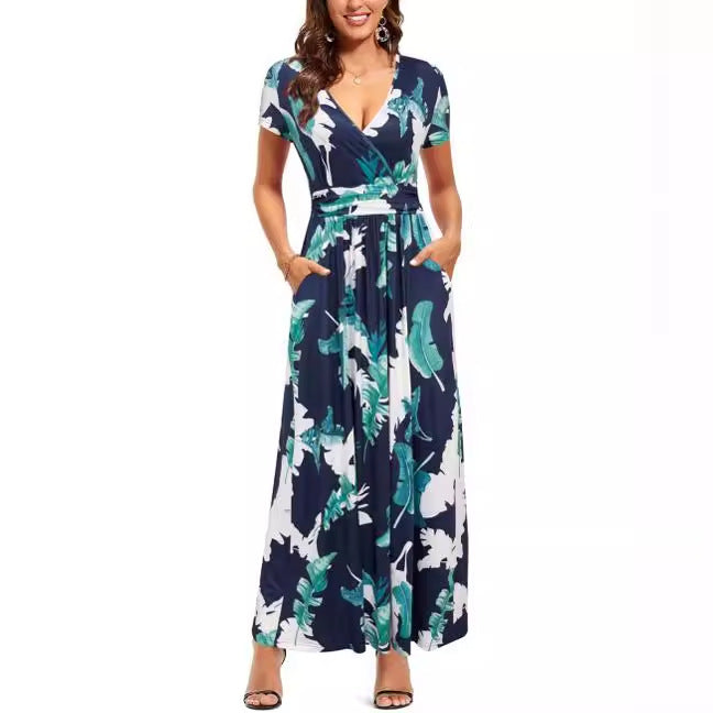 Women's Printed Chest Wrap Sleeve Pocket Dress Dresses