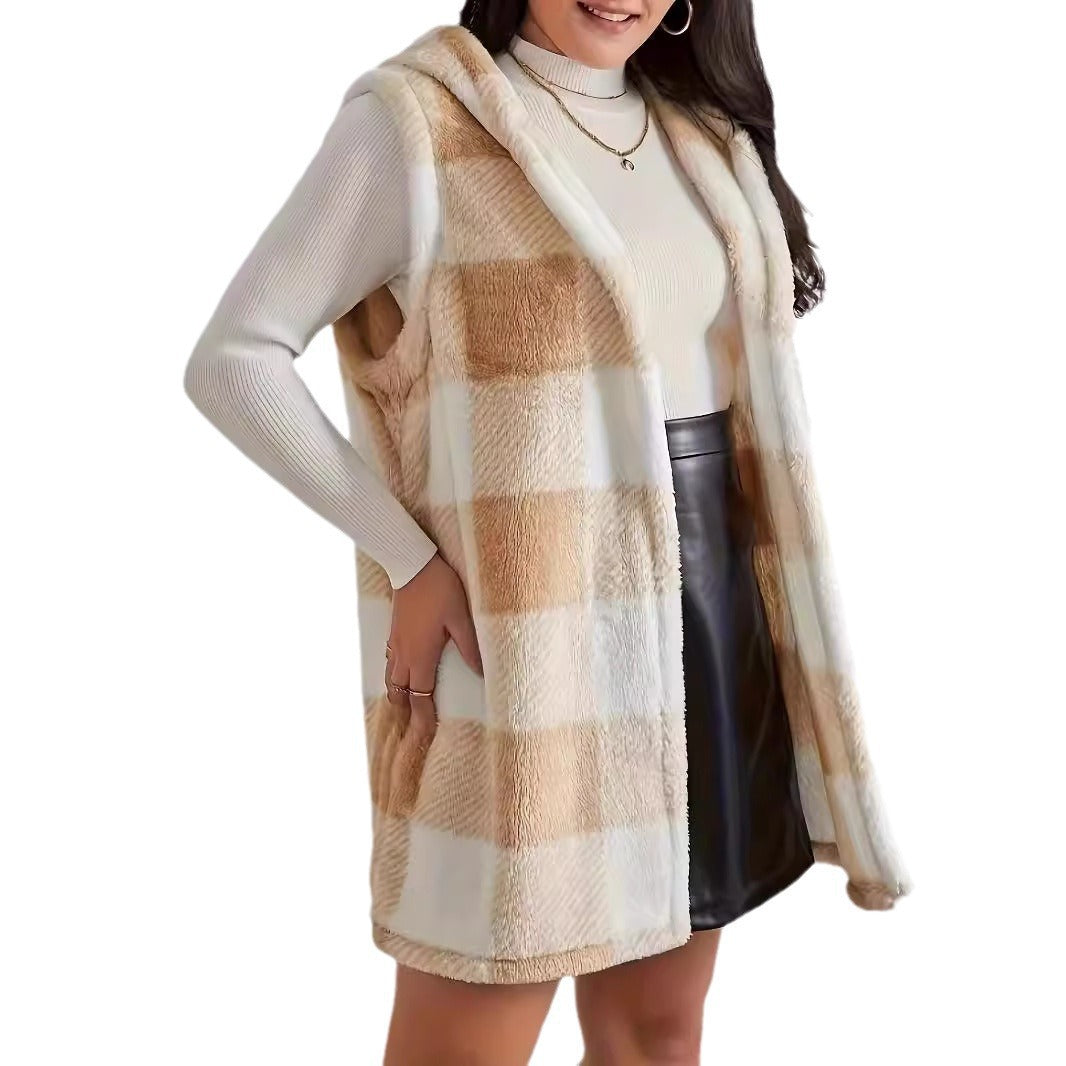 Women's Fashion Elegant Multicolor Plaid Hooded Plush Vests