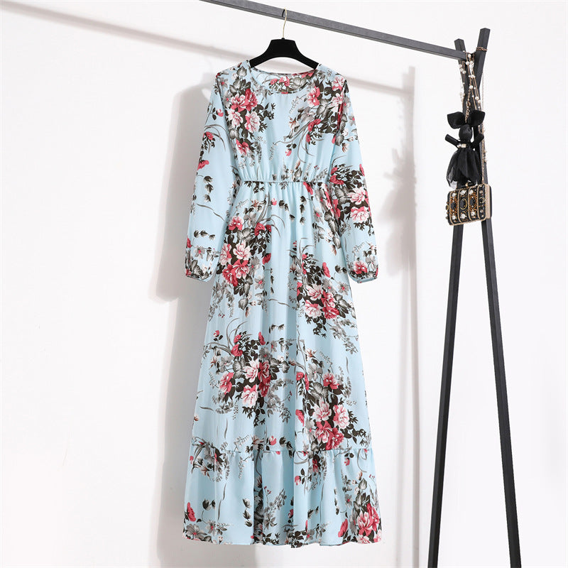 Women's High Waist Long Retro Chiffon Printed Floral Round Neck Dresses