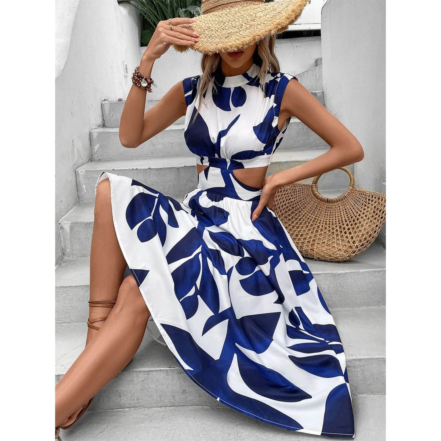 Women's Summer Round Neck Sleeve High Waist Dresses