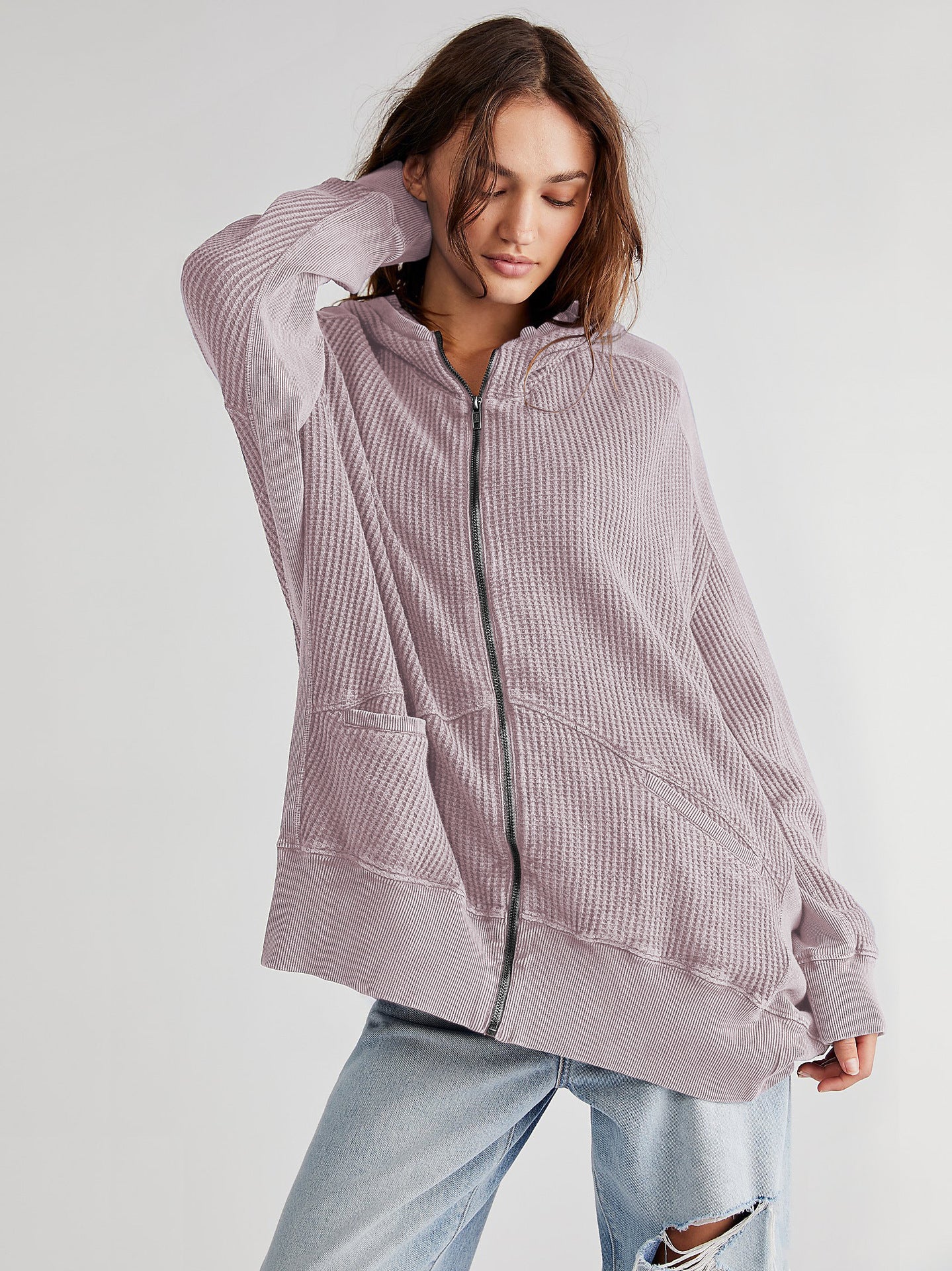 Women's Waffle Zipper Home Wear Outerwear Hoodie Sweaters