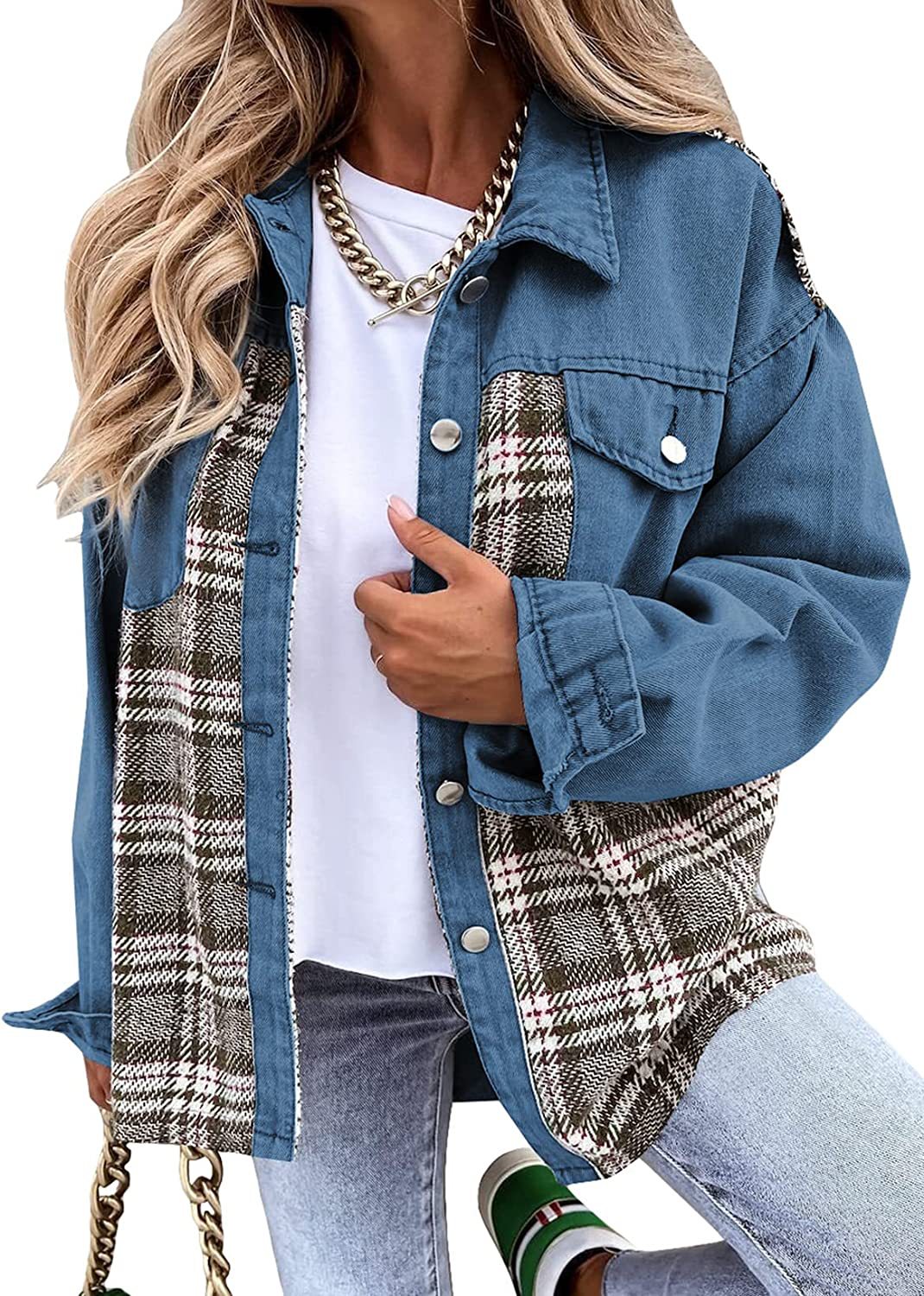 Denim Long Sleeve Plaid Button-down Shirt Tops