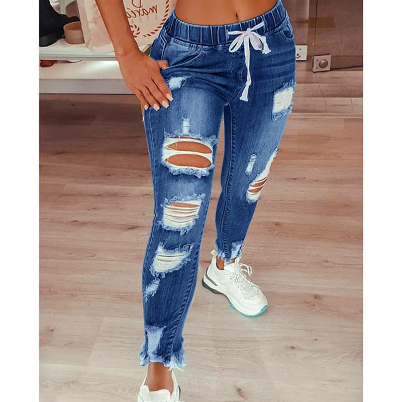 Women's Elastic Band Waist Lace Ripped Trousers Jeans