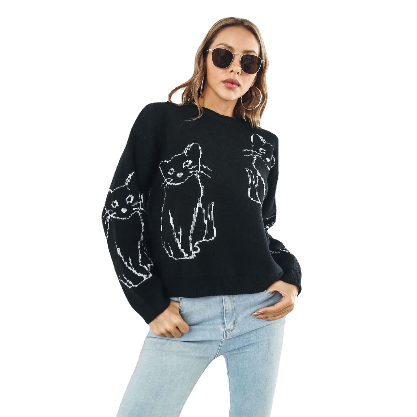 Women's Glamorous Cat Brocade Loose Long-sleeved Sweaters