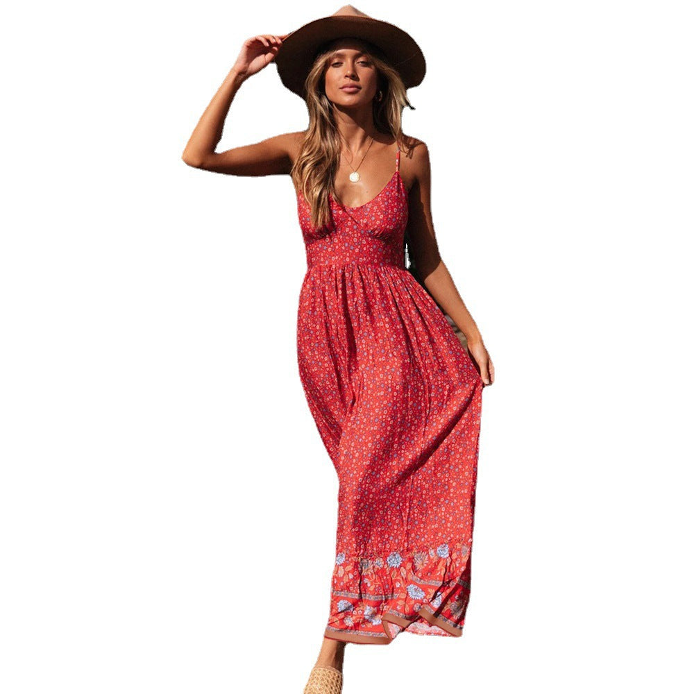 Women's Summer Large Swing Bohemian V-neck Floral Dresses