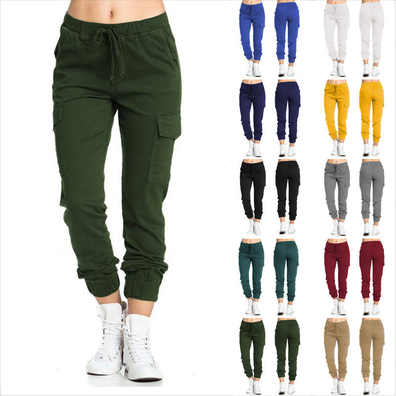 Women's Multi-pocket Work Casual Elastic Waist Tie Pants