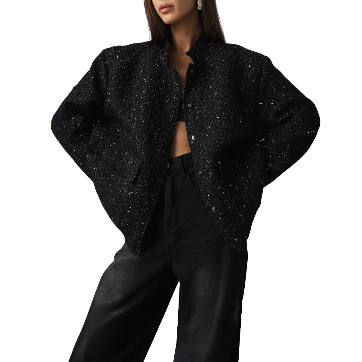 Sequin Female Fashionable Sequins Stand Collar Jackets