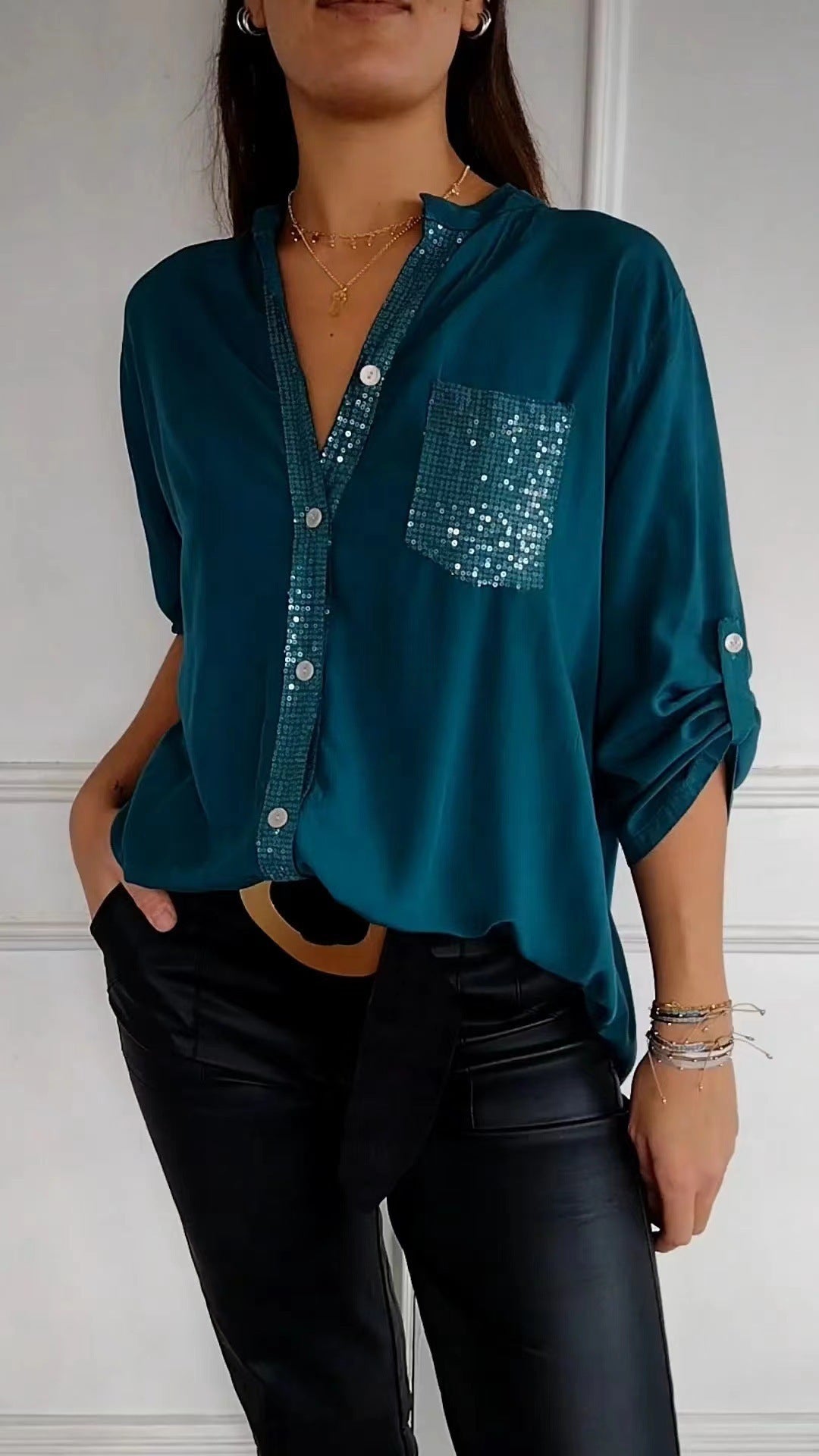 Women's Summer Casual Fashion Stand Collar Sequined Tops