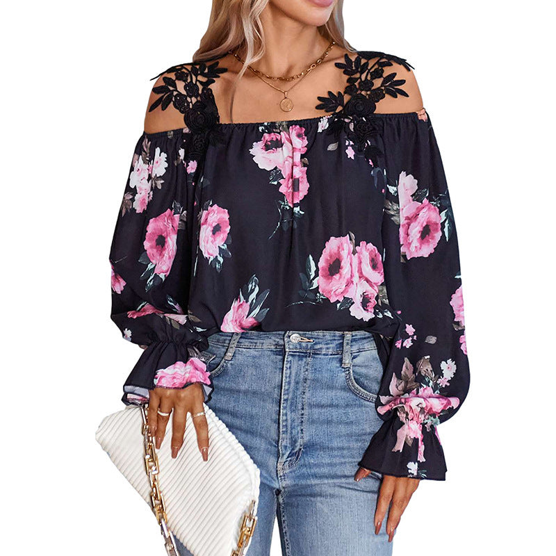 Women's Flower Print Stitching Lace Shirt Blouses